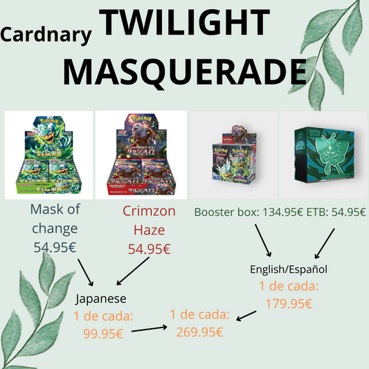 Pokemon Twilight Masquerade Packs (1 Mask of change - 1 Crimson Haze - 1 ETB - 1 Booster box) ESTRELLA 2024